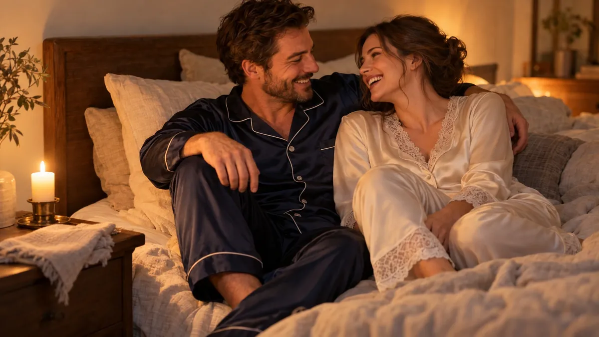 A smiling couple in silk pajamas relaxing on a bed by candlelight