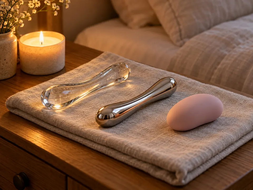 A clear glass wand, a polished steel wand and a pastel silicone massager on a linen cloth beside a candle