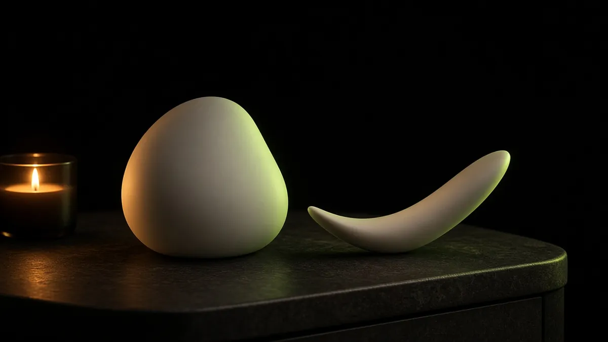 A smooth rounded massager and a curved wand shape on a candlelit nightstand
