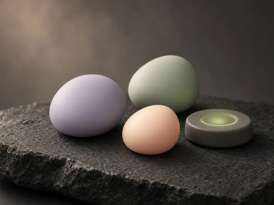 Three pastel pebble-shaped devices beside a round charging dock
