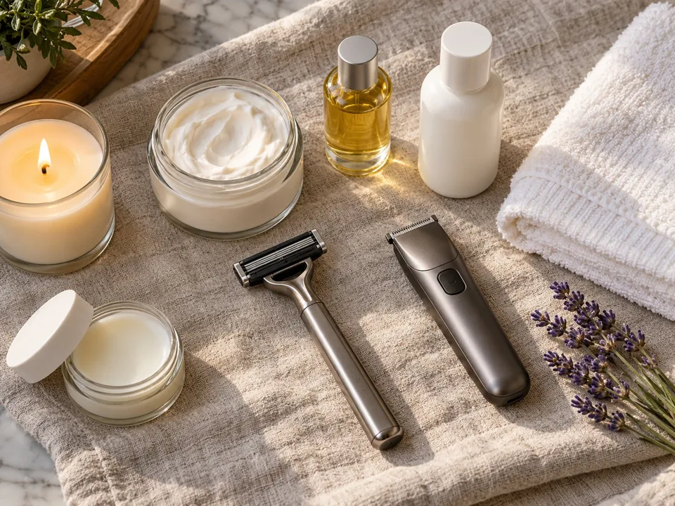 A razor, a small trimmer, a jar of shave cream and a bottle of oil on a linen towel beside a candle and lavender