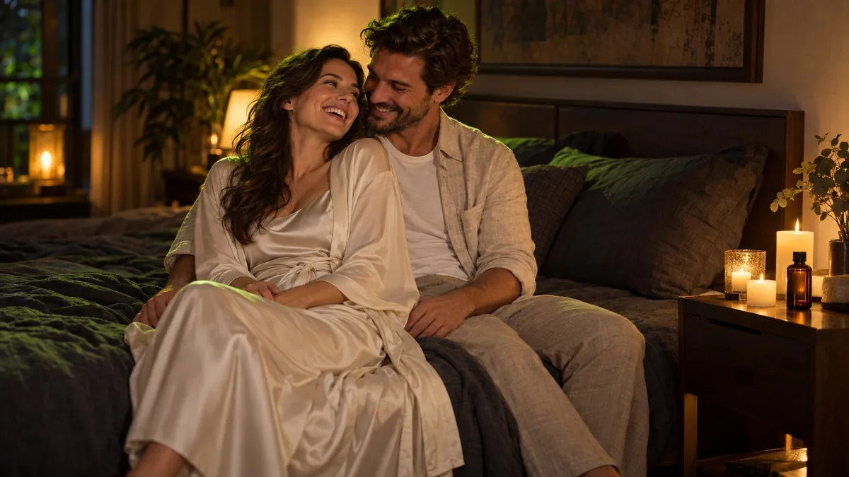 A couple relaxing by candlelight with massage oil on the nightstand