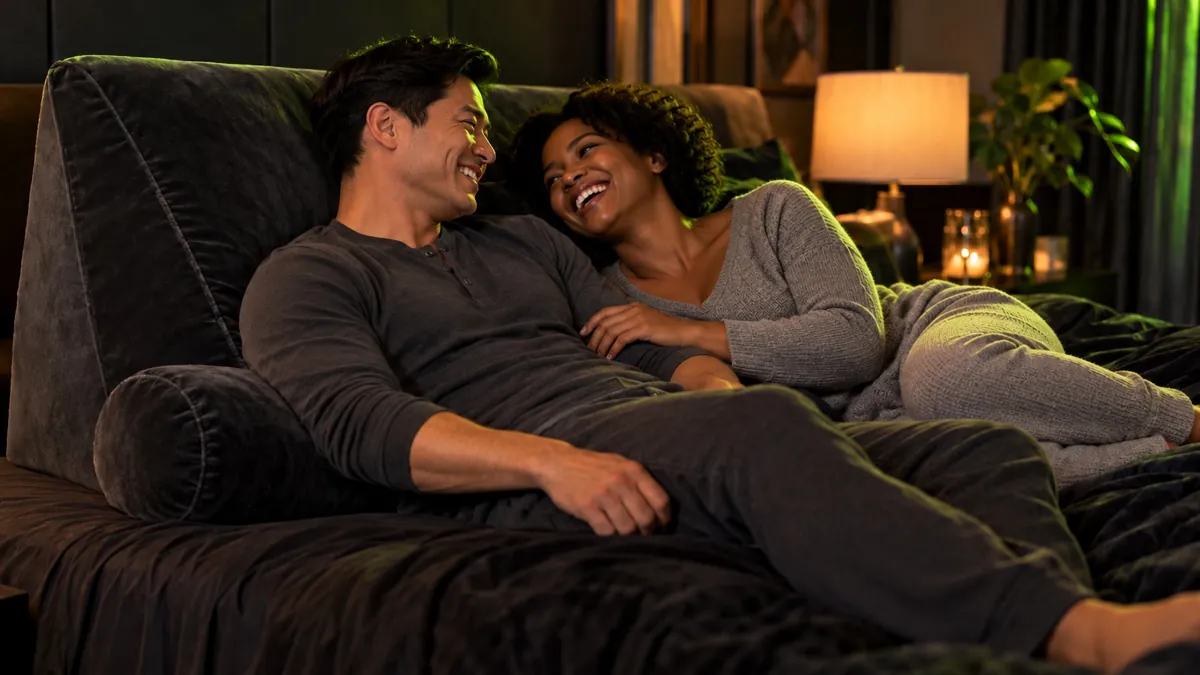 A laughing couple in loungewear propped on a wedge and bolster pillow