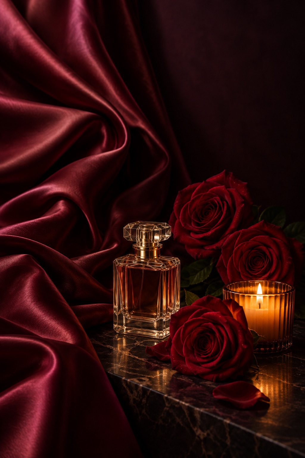 Burgundy satin, red roses, and warm candlelight